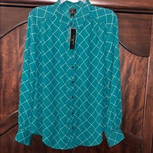Worthington Teal Grid-Print Button-Up Blouse